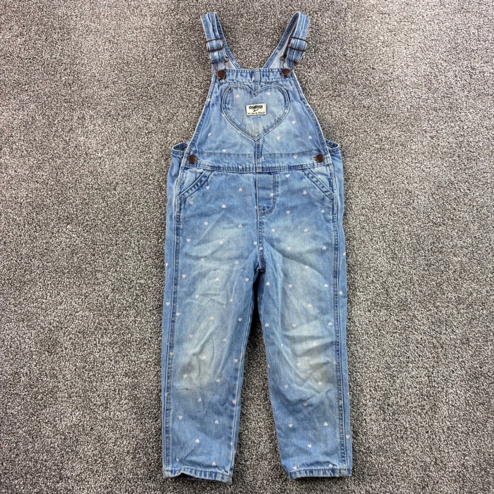 OshKosh B'gosh Denim Overalls Girls 5 Blue Cotton Heart Print Bib Jumpsuit